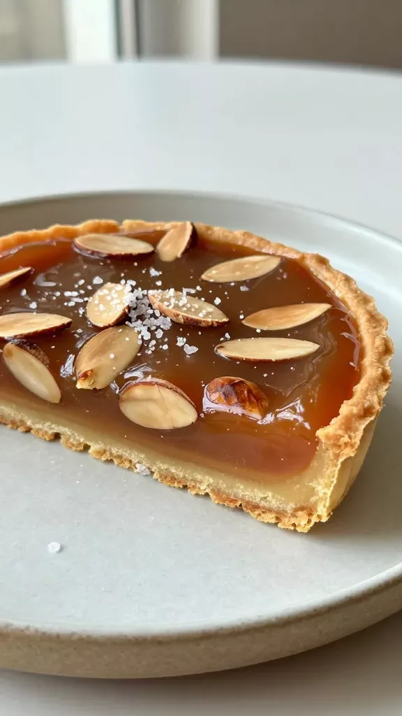 Ultra-closeup of a sliced salted caramel almond tart on a simple ceramic plate: glossy, deep-amber caramel layer studded with evenly distributed toasted sliced almonds, set inside a golden, buttery shortcrust tart shell with clean edges; delicate flakes of sea salt scattered lightly on top; soft natural side light from a window, shallow depth of field, no utensils, no garnish, neutral background.