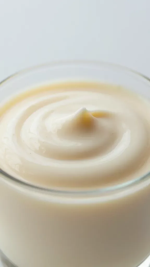 Extreme close-up of a single serving of vanilla honey mousse in a small clear glass, silky and cloud-light with soft swirls on the surface, pale ivory color, subtle glossy sheen from honey, tiny natural vanilla bean specks visible, no toppings or garnishes, softly diffused natural window light, minimal neutral background, shallow depth of field that blurs the edges of the glass, ultra-realistic food photography, 85mm lens look