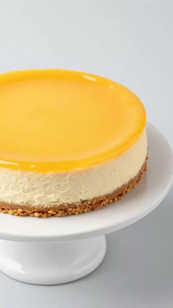 Overhead close-up of a whole coconut mango cheesecake on a simple white cake stand: perfectly level glossy mango topping reflecting light, pale coconut cheesecake layer beneath with a uniform texture, even golden nutty crumb crust around the sides, minimal shadows, studio lighting, uncluttered light gray background, no slices removed, no toppings or decorations