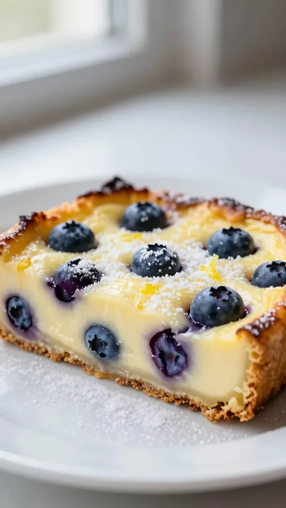 Macro slice of lemon blueberry clafoutis on a simple white plate: silky custard interior with evenly distributed blueberries, lightly browned rim, delicate snowfall of powdered sugar, a few visible specks of lemon zest baked into the surface, soft window light, blurred neutral backdrop, no toppings, no ice cream, no syrup.
