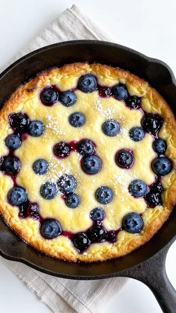 Overhead shot of a whole lemon blueberry clafoutis just out of the oven in a cast-iron skillet: glossy, jammy blueberries peeking through a pale-yellow custard, edges slightly puffed and golden, thin veil of powdered sugar, minimal scene with only the skillet on a linen napkin, bright, clean daylight, no extra fruits, sauces, or decorations.