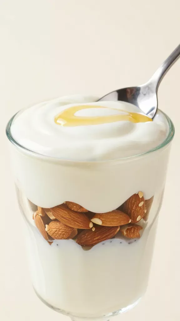 Side-angle macro shot of a spoon scooping from a glass vanilla almond parfait, showing distinct strata: thick vanilla yogurt with black vanilla specks, packed layer of toasted chopped almonds, and a final smooth yogurt cap with a minimal honey ribbon. Bright, clean studio lighting, simple off-white background, no additional toppings or ingredients.