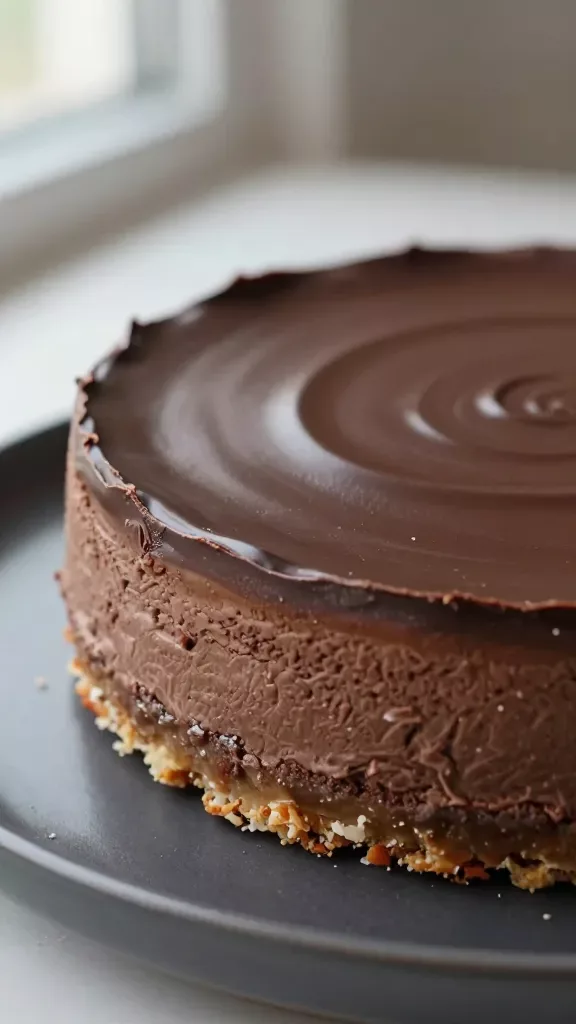 Extreme close-up of a whole chocolate coconut cheesecake on a simple matte dark plate: glossy dark chocolate ganache perfectly smooth on top, faint spiral sheen from offset spatula, clean high sides showing distinct layers—bottom layer a golden-brown, slightly toasty coconut cookie crust with visible fine coconut flakes; middle layer a thick, ultra-smooth chocolate cheesecake filling with a dense-yet-creamy texture, no cracks; soft natural window light from the left, shallow depth of field, neutral background, no extra toppings or garnishes.