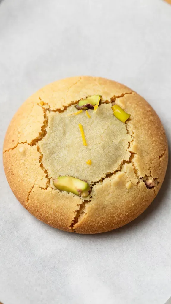 Macro shot of a single lemon pistachio cookie resting on parchment, center frame, showcasing delicate crackle on the surface, golden-brown edges, tender interior visible from a clean bite revealing evenly dispersed pistachio pieces and tiny lemon zest strands, soft diffused light, high-resolution texture detail, no extra ingredients or decorations, neutral background to keep the focus solely on the cookie