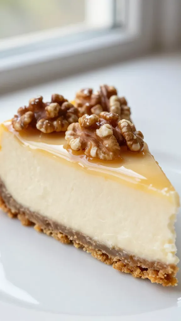 Extreme close-up of a slice of maple walnut cheesecake on a simple white plate: ultra-smooth, creamy cheesecake filling with a pale ivory tone, a neat golden-brown graham cracker crust of medium thickness, and a glossy maple syrup glaze cascading over the top, studded with evenly distributed toasted walnut halves and pieces. Soft natural window light, shallow depth of field, no extra garnishes, no utensils, neutral blurred background.