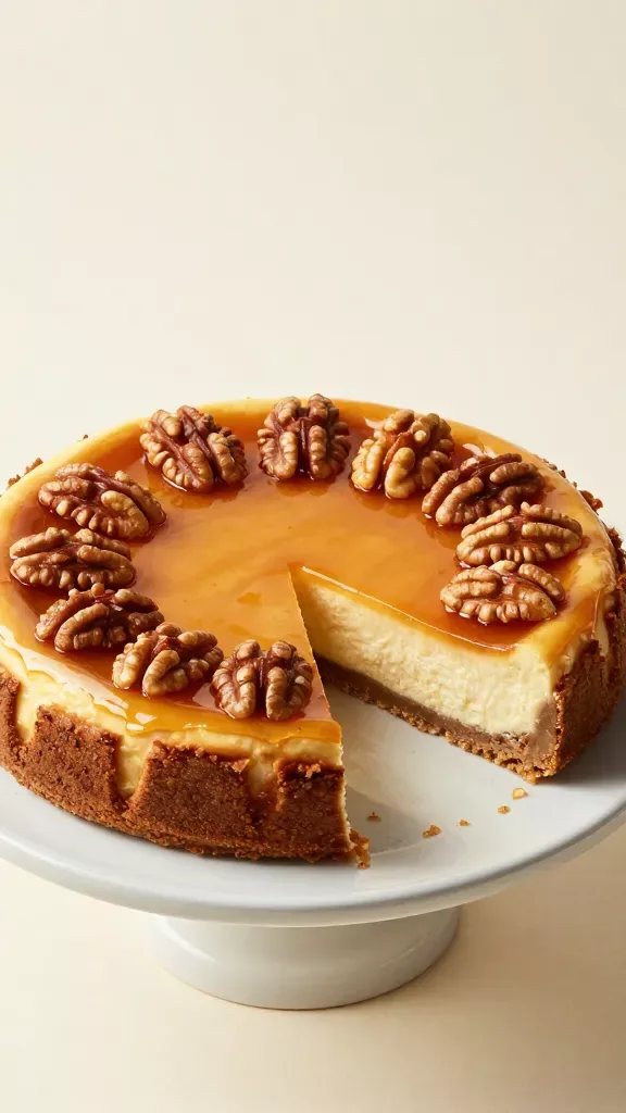 Overhead shot of a whole maple walnut cheesecake on a plain ceramic cake stand: perfectly set surface covered with a thin, glassy layer of amber maple syrup and a dense, even layer of toasted walnut halves glistening in the syrup. Clean slice removed to reveal the silky interior and uniform crust. Minimal scene, matte off-white backdrop, soft directional light, no added fruits, herbs, or decorations.