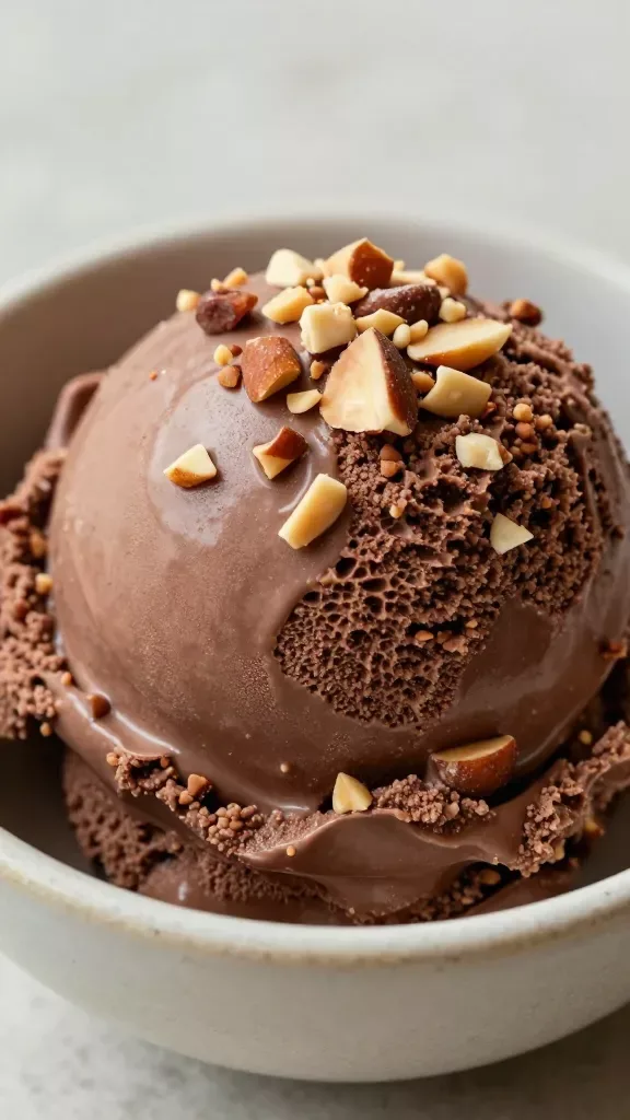 Extreme close-up of a single scoop of chocolate almond ice cream in a small neutral ceramic bowl, ultra-creamy dark chocolate base with a glossy sheen, visibly studded with evenly distributed chopped roasted almonds, slight smears showing dense truffle-like texture, soft natural window light, shallow depth of field, no toppings or sauces, no text, minimal background on a matte stone surface.