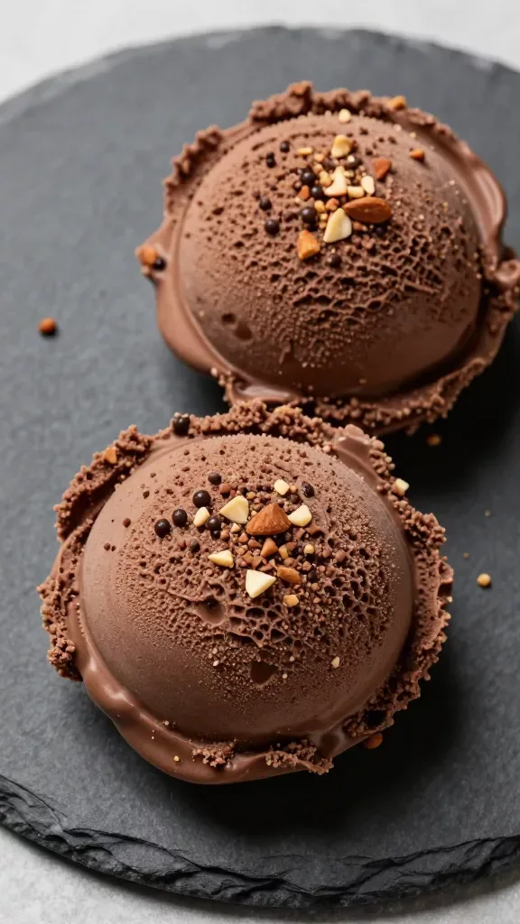 Overhead close-up of two tight scoops of chocolate almond ice cream on a chilled slate plate, rich dark chocolate color, tiny chocolate gloss highlights, chopped roasted almonds visible throughout and lightly on the surface, soft shadowing, neutral gray background, no garnishes, no cones, no sauces, no text.