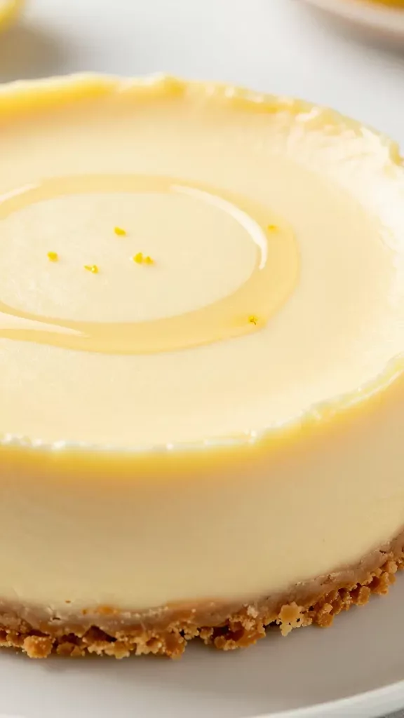 Extreme close-up of a classic round lemon honey cheesecake slice on a simple white plate: smooth, pale-yellow creamy filling with a soft custard-like sheen, thin even golden graham-cracker crumb crust, glossy thin drizzle of honey pooling lightly on the surface, a few tiny lemon zest speckles embedded in the top, natural daylight from the side creating gentle highlights, neutral soft background, no extra garnishes or ingredients, high-resolution food photography, shallow depth of field.