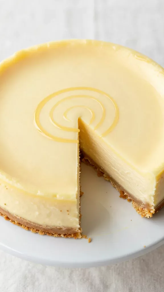 Overhead close-up of a whole lemon honey cheesecake with one clean slice removed to show texture: uniform pale-yellow interior, perfectly smooth top with a faint satin glow, thin golden-brown crumb crust around the edge, a delicate spiral drizzle of honey across the surface only, minimal shadows, placed on a plain white cake stand over a light linen, bright airy kitchen light, no fruits, whipped cream, or other toppings.