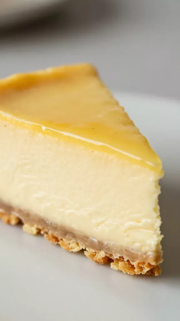 Macro side profile of a single cheesecake slice standing upright: sharp focus on layers—silky lemon-hued filling and crisp, buttery graham crust with visible fine crumbs—subtle honey glaze brushed thinly over the top catching light like sunshine, background softly blurred neutral gray, photographed at a slight angle to emphasize creaminess and clean edges, no additional decorations or ingredients.