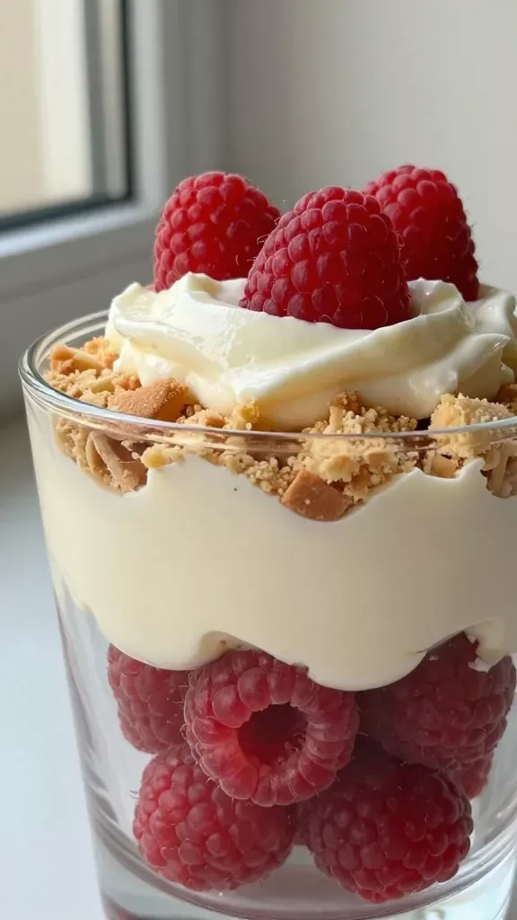 Ultra-closeup of a raspberry mascarpone parfait in a clear glass: distinct layers of fresh whole raspberries at the bottom, a thick layer of smooth, glossy mascarpone cream, then a layer of finely crushed buttery cookies, topped with a dollop of mascarpone cream and a few fresh raspberries. Natural window light, soft shadows, shallow depth of field, neutral light background, no extra garnishes or sauces.