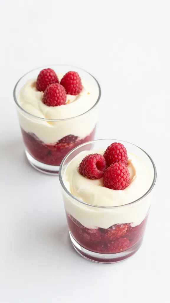 Overhead shot of two small clear glasses filled with raspberry mascarpone parfaits on a simple white surface: bottom layer of mashed raspberries with visible seeds, middle layer of airy mascarpone cream with gentle swirls, thin layer of golden cookie crumbs, finished with a neat cluster of whole raspberries. Clean minimalist scene, no additional ingredients, soft diffused lighting.