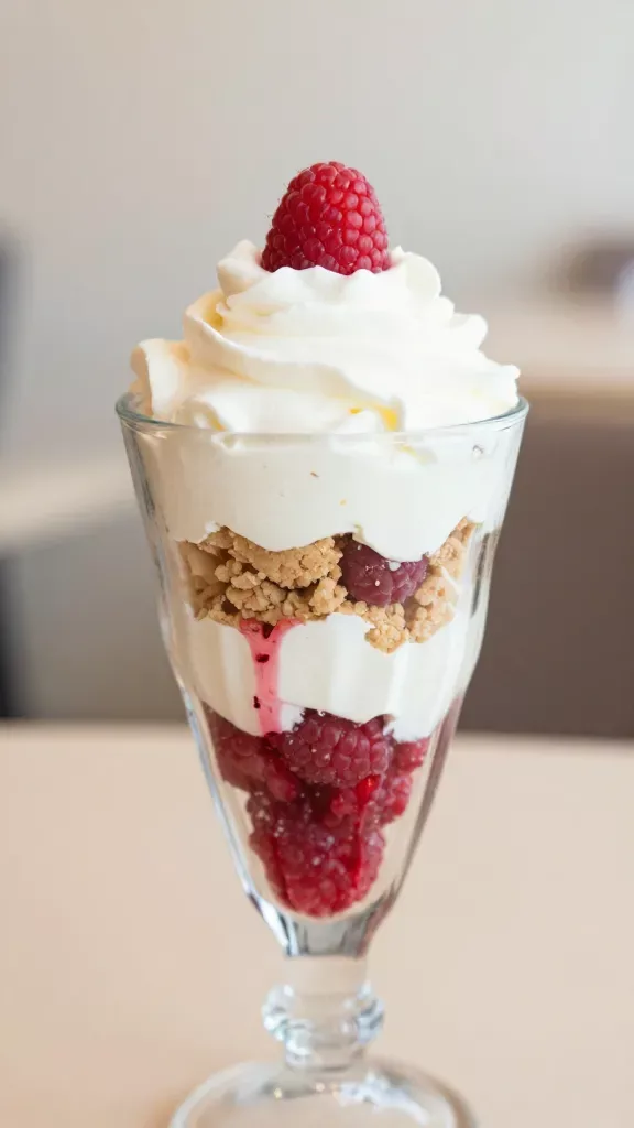 Side-profile closeup of a single tall parfait glass showing crisp, even layers: crushed raspberries releasing a bit of syrup, thick whipped mascarpone cream layer, coarse buttery cookie crumb layer, repeated once, topped with a single raspberry-centered cluster. Bright, natural lighting, subtle bokeh, warm neutral backdrop, no mint, no chocolate, no powdered sugar.