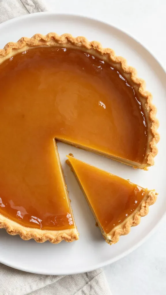 Overhead shot of a whole maple brown sugar tart on a simple white ceramic plate, perfectly set amber-brown custard with a delicate reflective gloss, evenly baked golden shortbread-style crust pressed into fluted pan ridges, one clean slice outlined but not removed, soft morning light, minimal scene with only a linen napkin partially visible, no extra ingredients or decorations, editorial cookbook style