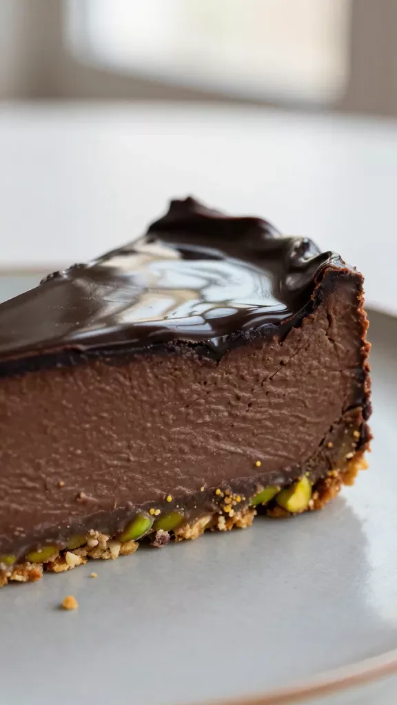 Extreme close-up of a sliced dark chocolate pistachio cheesecake on a simple matte plate: velvety dark chocolate cheesecake filling with a smooth, even texture, set on a clearly defined pistachio-graham cracker crust with visible fine pistachio crumbs, topped with a glossy, mirror-like dark chocolate ganache that gently drips over the edge. Natural window light, shallow depth of field, no additional garnishes or extra ingredients, neutral background.