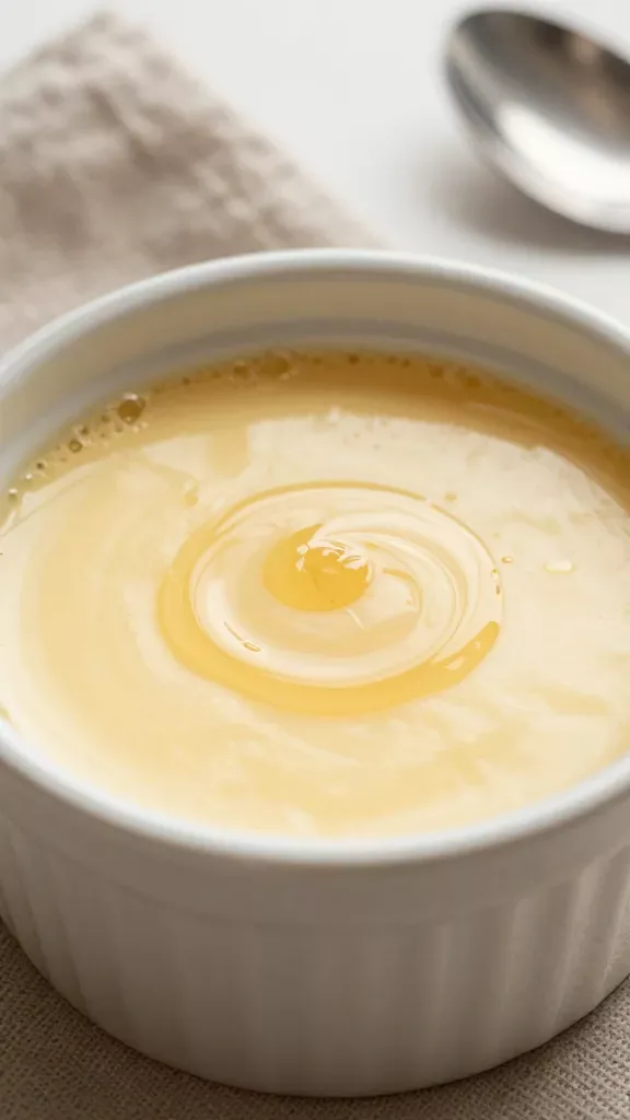 Close-up of a single ramekin filled with silky honey almond custard, smooth glossy surface with a faint golden hue, tiny visible vanilla specks, delicate micro-bubbles only at the rim, subtle sheen from a light swirl of honey integrated into the custard (no drizzle on top), neutral cream-colored ceramic ramekin, soft natural window light, shallow depth of field, warm cozy tones, uncluttered background of a linen napkin and blurred whisk and saucepan in the distance