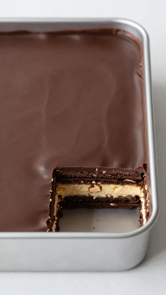Overhead close-up of a rectangular pan of chocolate hazelnut icebox dessert just after setting: repeating strata of dark chocolate wafer cookies and pale hazelnut cream visible at the cut edge, the surface finished with perfectly smooth dark chocolate ganache; one clean slice removed to reveal the layers; minimal styling, neutral backdrop, no added garnishes or ingredients.