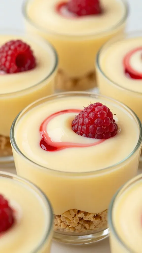 Extreme close-up of individual Raspberry Lemon Cream Cups in small clear glass cups: a smooth, pale lemon cream filling with glossy raspberry swirls marbled on top, set over a visible, tightly packed buttery cookie crumb base. Soft natural daylight, shallow depth of field, no garnishes, no utensils, no extra ingredients, shot on a neutral light background to emphasize texture and color contrast.
