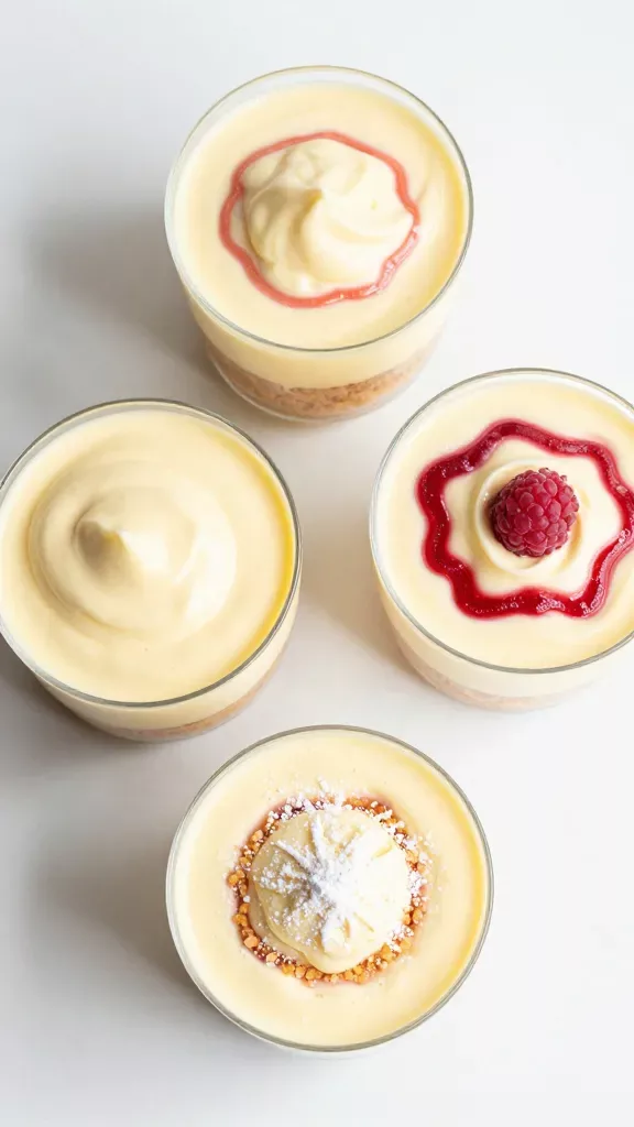 Overhead shot of three Raspberry Lemon Cream Cups arranged in a triangle on a simple white surface: each cup shows distinct layers—golden crumb crust on the bottom, thick velvety lemon cream in the middle, and delicate raspberry ripple patterns on the surface. Bright, clean lighting, high resolution, no decorations, no mint, no powdered sugar, no extra elements.