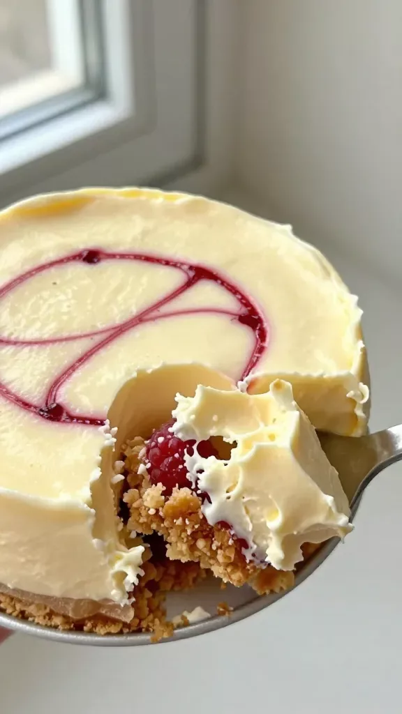 Side-angle macro shot of a single Raspberry Lemon Cream Cup with a small spoonful removed to reveal the interior: crumbly cookie crust layer at the base, luscious lemon cream above it, and vivid raspberry swirl veins running through the top layer. Natural window light, minimal shadows, neutral backdrop, no toppings or added ingredients, focus on creamy texture and crumb detail.