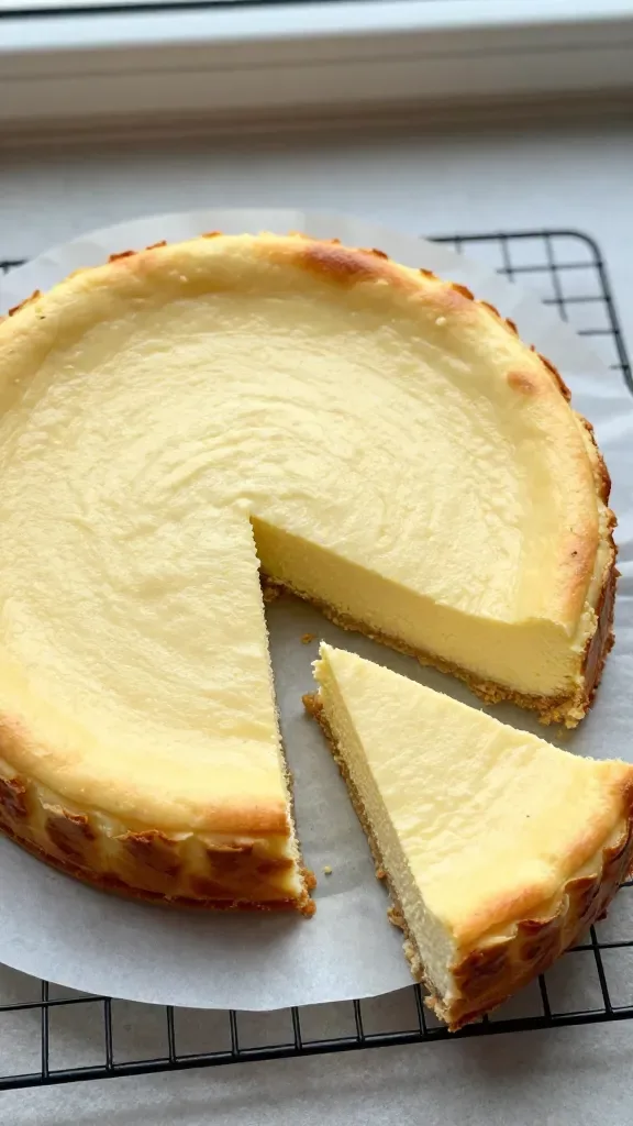 Overhead shot of a whole lemon ricotta cheesecake on parchment-lined cooling rack, one clean slice removed to reveal airy, cloud-like texture and uniform pale-yellow crumb, smooth top with subtle baked blush around the rim, thin even crust, minimal crumbs on the rack, cool morning window light, neutral stone surface, no garnishes or extra ingredients.