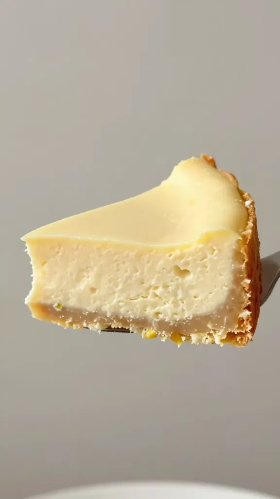 Three-quarter angle macro of a forkful lifted from a slice of lemon ricotta cheesecake, showing ultra-creamy yet set interior with tiny ricotta curd texture and fine lemon zest flecks, smooth top intact on the remaining slice, thin golden crust edge visible, soft diffused light, muted gray background, no powdered sugar, no sauces, no fruit.
