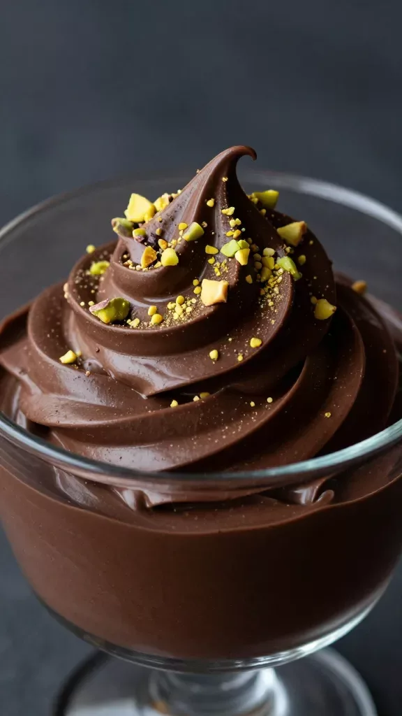 Ultra-closeup of a glass dessert cup filled with silky dark chocolate mousse swirled to soft peaks, topped sparingly with finely chopped toasted pistachios and a light dusting of micro pistachio crumbs, set against a softly lit dark background with shallow depth of field, moody high-contrast lighting that highlights the glossy mousse surface and nut texture, no utensils or extra garnishes.