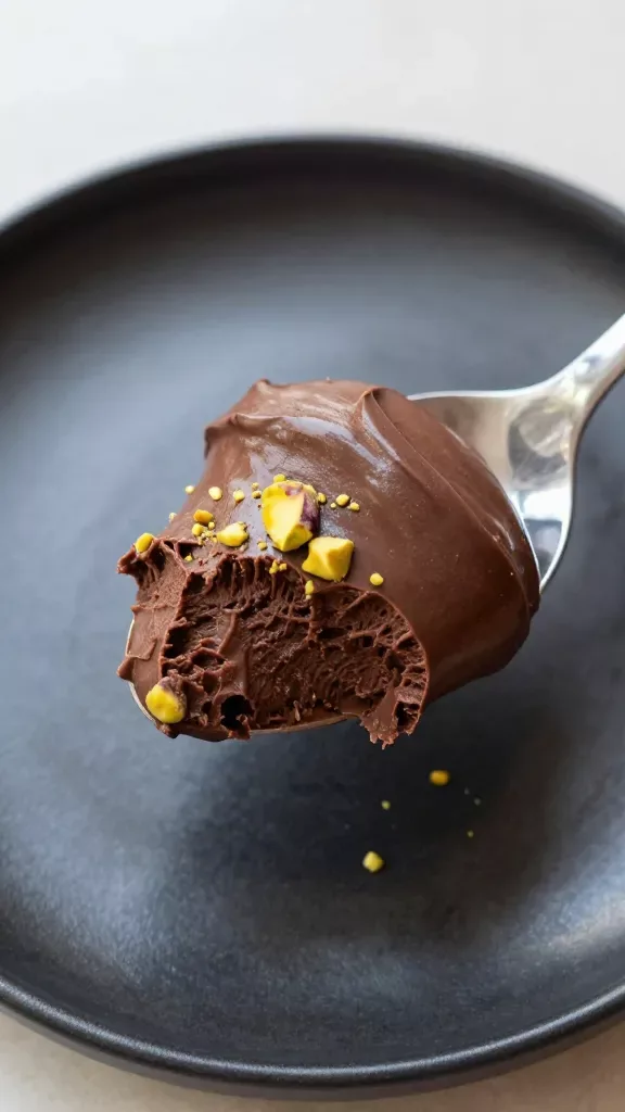 Overhead macro shot of a single spoonful scooped from a bowl of dark chocolate mousse showing airy, cloud-like texture and glossy sheen, with a few crushed pistachio pieces clinging to the mousse and a subtle pistachio crumb scatter on the matte black plate beneath, neutral backdrop, natural window light, minimal styling.
