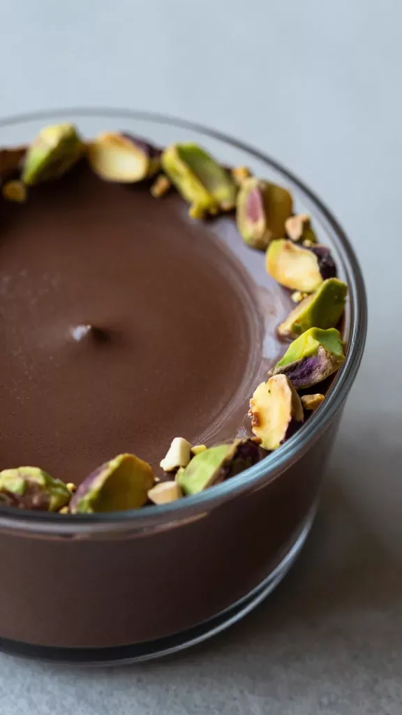 Side-angle macro of a small clear ramekin filled to the rim with smooth dark chocolate mousse, a neat ring of finely chopped pistachios around the edge, center left untouched to showcase the mousse’s sheen, cool-toned background, soft directional light creating gentle highlights and shadows, ultra-clean presentation without any additional ingredients.