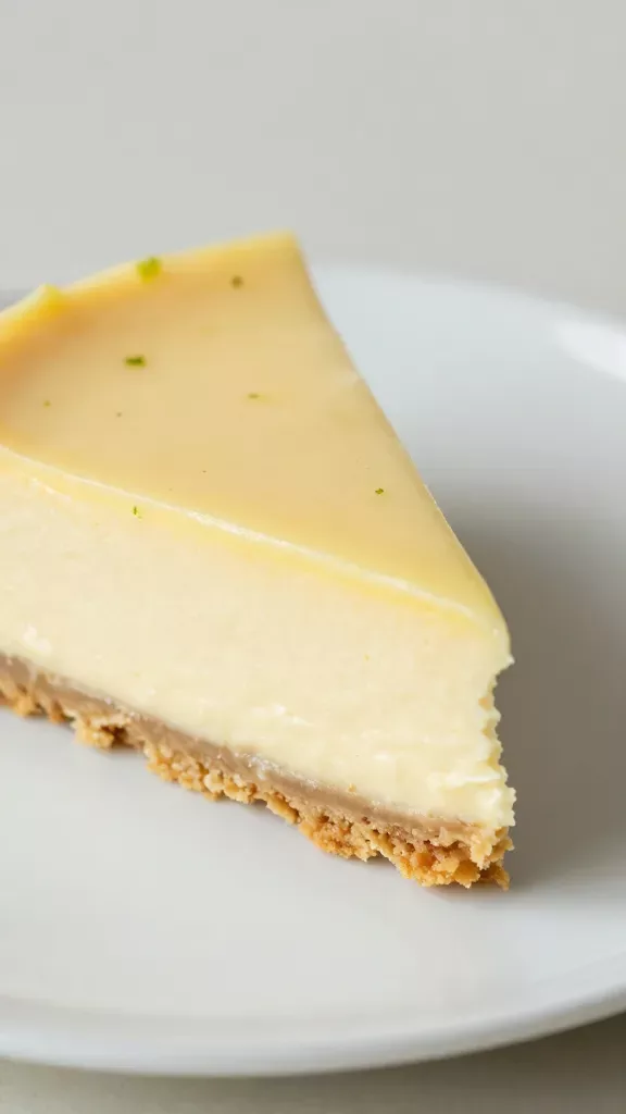 Ultra-closeup of a single slice of mango lime cheesecake on a simple white plate: rich, creamy pale-yellow mango-lime filling with a smooth glossy top, thin lime zest speckles, clean sharp edges, resting on a neat golden graham cracker crust with visible crumb texture; soft natural daylight from the side, shallow depth of field, no toppings or sauces, neutral light background.