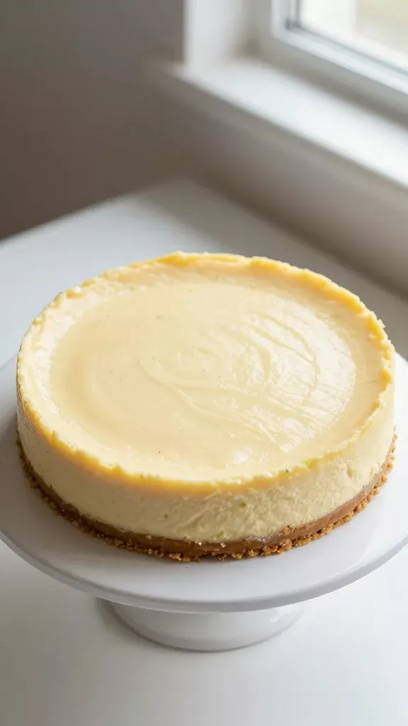 Overhead shot of a whole mango lime cheesecake on a plain white cake stand: perfectly even pale-yellow filling with a subtle sheen, faint lime zest freckles across the surface, uniform golden graham crust around the sides and base; bright natural window light, minimal shadows, clean neutral background, no garnishes, no slices removed.