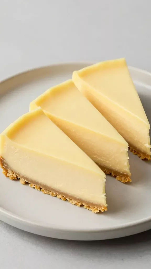Three clean slices of mango lime cheesecake arranged in a slight fan on a matte ceramic plate: silky pale-yellow filling with a satiny surface, precise 90-degree corners, consistent thickness of golden graham crust; gentle side lighting to emphasize creamy texture, close-cropped composition, neutral gray background, no extra ingredients or decorations.