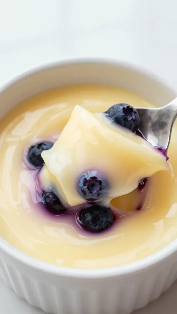 Extreme close-up of a small white ramekin filled with silky lemon blueberry custard: glossy, pale-lemon custard base swirled with baked-in juicy blueberries that have bled deep violet streaks into the surface; a spoon scooping out a creamy bite shows smooth, custard texture with a few whole blueberries inside; soft natural window light, shallow depth of field, clean neutral background, no extra garnishes or toppings, no text.