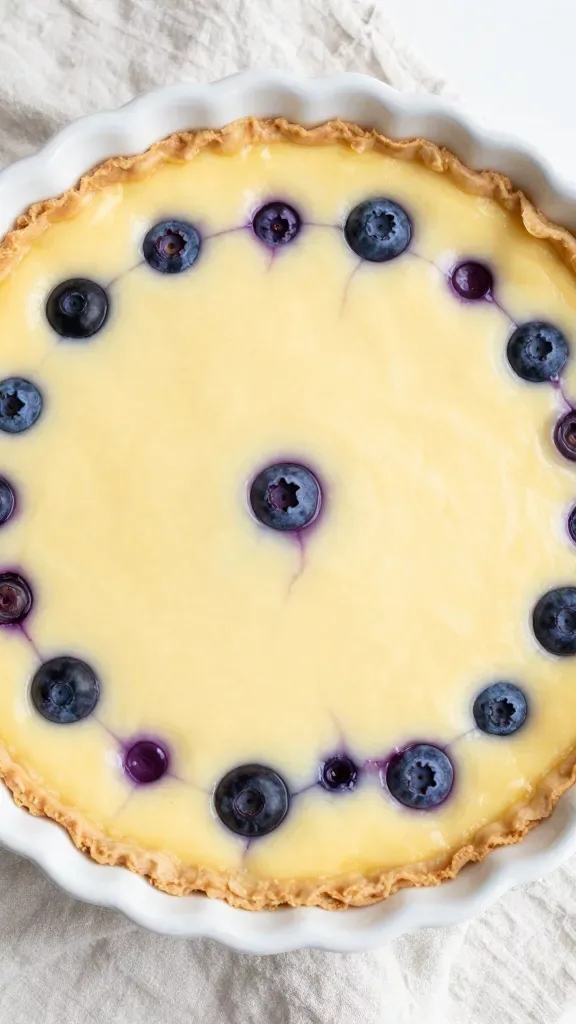 Overhead shot of a freshly baked lemon blueberry custard in a simple white pie dish: even, pale-yellow custard dotted with burst blueberries that create inky-purple pools and marbled trails; edges just set with a slight jiggle at the center; cooled to a gentle matte sheen; placed on a light linen cloth, minimal props, bright daylight, no powdered sugar, no whipped cream, no extra ingredients, no text.
