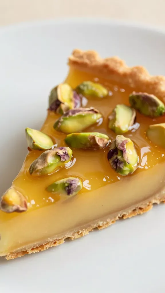 Extreme close-up of a glossy honey pistachio tart slice on a simple white plate: buttery golden tart crust with clean, sharp edges; silky, custard-like honey filling with a shiny surface; evenly distributed whole and halved pistachios embedded in the filling; a gentle drizzle of clear honey pooling lightly on the surface; neutral, soft daylight; shallow depth of field; no extra garnishes, no citrus slices, no powdered sugar—just the tart.  
Camera: 85mm macro, f/