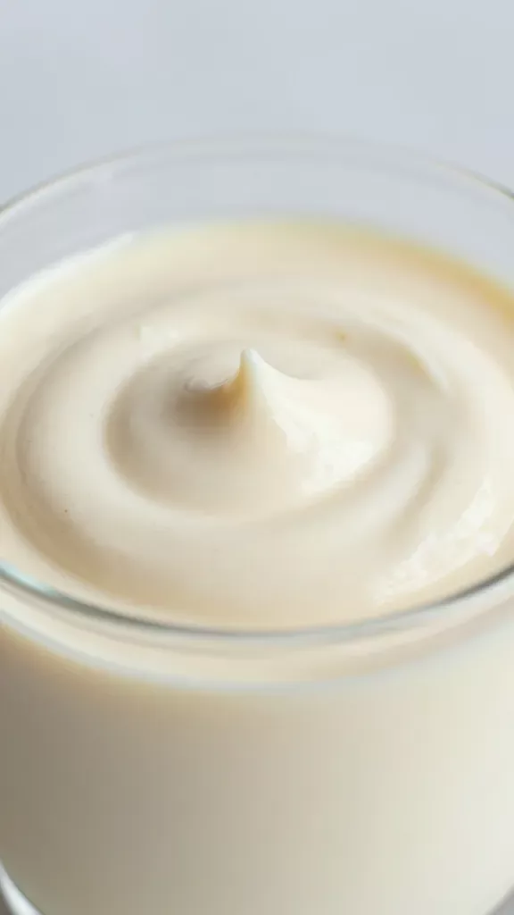 Ultra-closeup of a glass cup filled with smooth vanilla mascarpone mousse, silky swirls visible on the surface, tiny natural vanilla bean specks throughout, soft off-white color, gentle highlights showing creamy texture, neutral light gray background, shallow depth of field, soft diffused daylight, no toppings, no garnishes, no utensils in frame