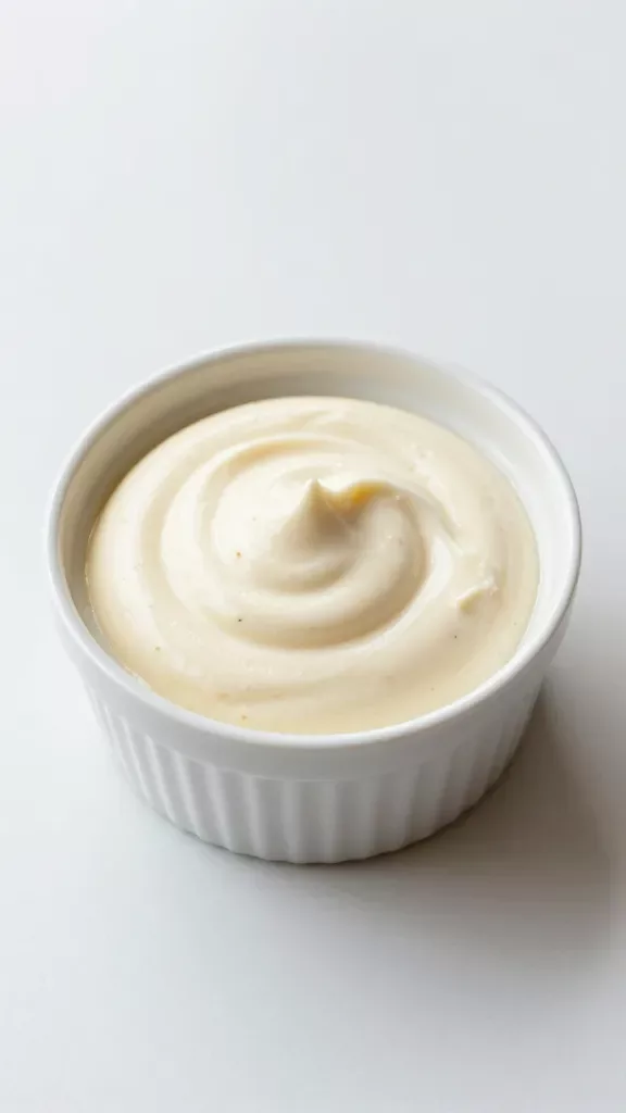 Overhead shot of a pristine white ceramic ramekin holding perfectly piped vanilla mascarpone mousse, subtle spiral pattern on top, creamy pale ivory tone with visible vanilla flecks, clean matte white tabletop, minimal shadows, bright natural window light, no berries, no mint, no additional ingredients, pure focus on the mousse