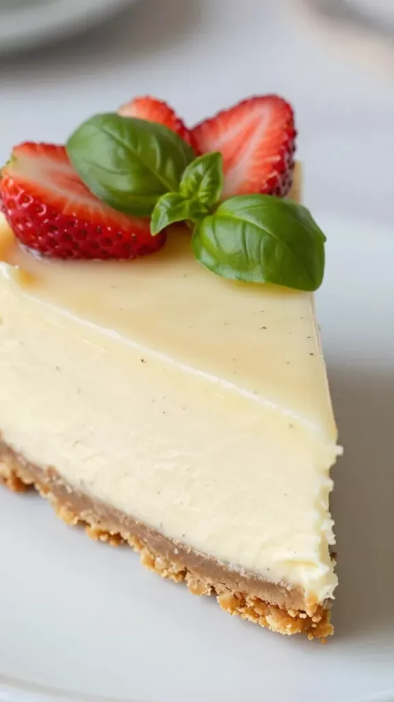 Extreme close-up of a single slice of strawberry basil cheesecake on a simple white plate: ultra-creamy, smooth ivory cheesecake with a pale, glossy strawberry topping gently infused with tiny flecks of fresh basil, neat graham cracker crust with clean edges, a few fresh strawberry slices nestled into the topping, soft natural daylight from the side, shallow depth of field, no extra garnishes beyond strawberries and basil, minimal background blur of a light kitchen surface.