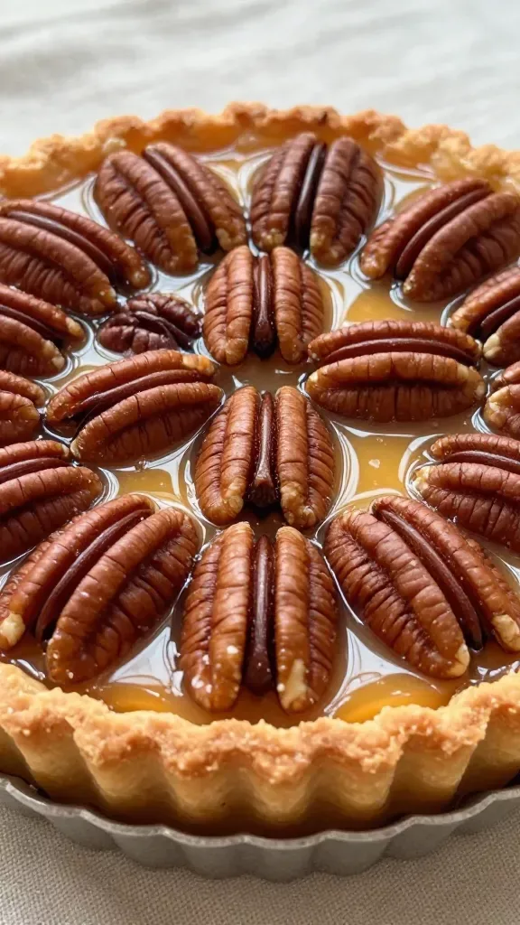 Extreme close-up of a freshly baked maple pecan tart in a fluted tart pan: glossy maple custard filling studded with halved, toasted pecans arranged in a tight circular pattern, golden flaky crust with visible layers, warm natural window light, shallow depth of field highlighting the sheen of the maple glaze and the texture of the pecans, no toppings, no garnish, no utensils, neutral linen background.