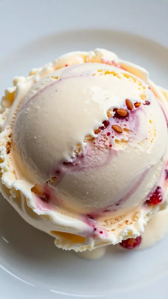 Ultra-closeup of raspberry almond ice cream scooped into a single round scoop, creamy pale almond base marbled with vivid raspberry swirls and small raspberry seeds visible, soft-serve sheen and slight melting at the edges, no toppings, no cone, on a chilled matte white ceramic plate, natural daylight from the side, shallow depth of field, high detail macro food photography