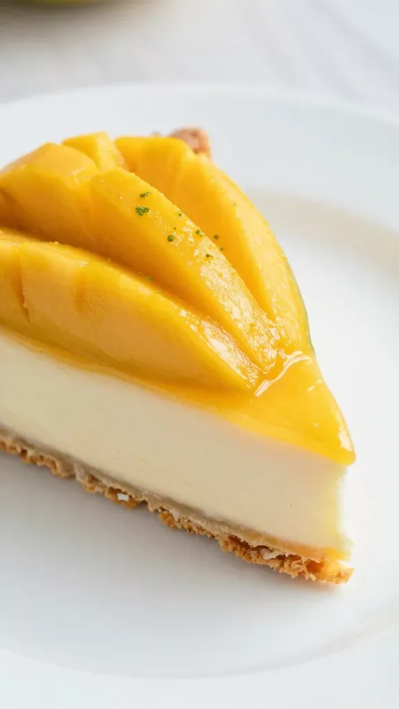 Ultra-detailed closeup of a glossy mango coconut tart slice on a simple white plate, showing a crisp golden coconut-cookie crust, a smooth pale coconut-lime custard layer, and neatly fanned ripe mango slices on top with a subtle lime zest sprinkle; soft natural daylight from the side, shallow depth of field, no additional garnishes or utensils, minimal background.
