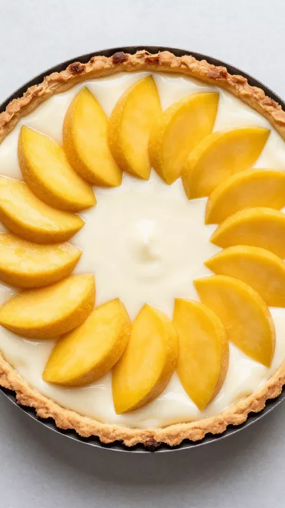 Overhead macro shot of a whole mango coconut tart in a fluted tart pan: evenly baked toasted coconut crust, silky pale coconut-lime filling perfectly set, and concentric rings of thin, overlapping fresh mango slices forming a sunburst pattern; clean neutral background, soft diffused light, no extra ingredients or props.