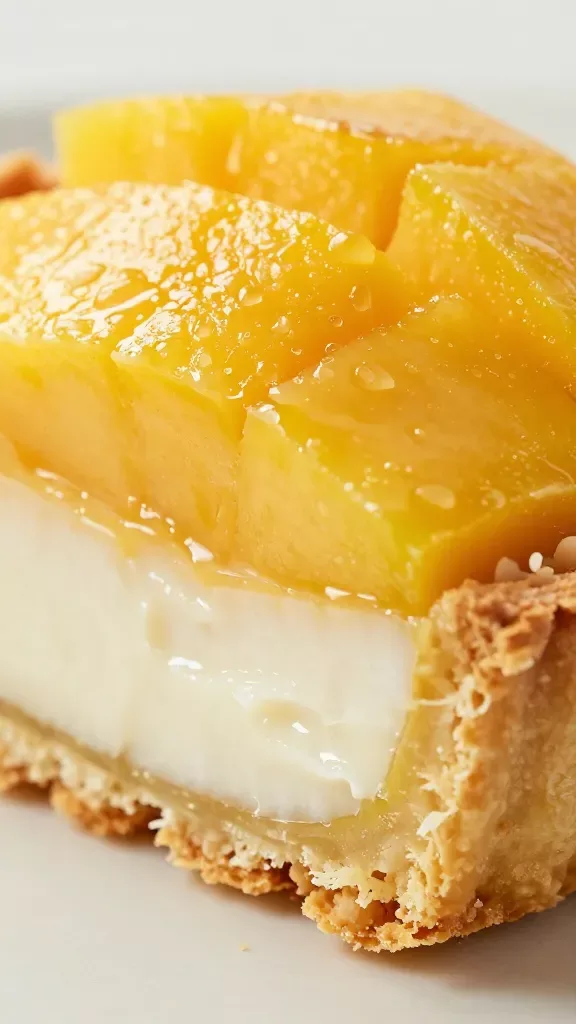 Extreme closeup of the tart’s cut edge revealing textural contrast: crumbly golden coconut crust, velvety coconut-lime filling, and a glossy layer of ripe mango slices on top with delicate condensation; shot on a plain light surface, natural window light, high-resolution food photography, no additional toppings or elements.