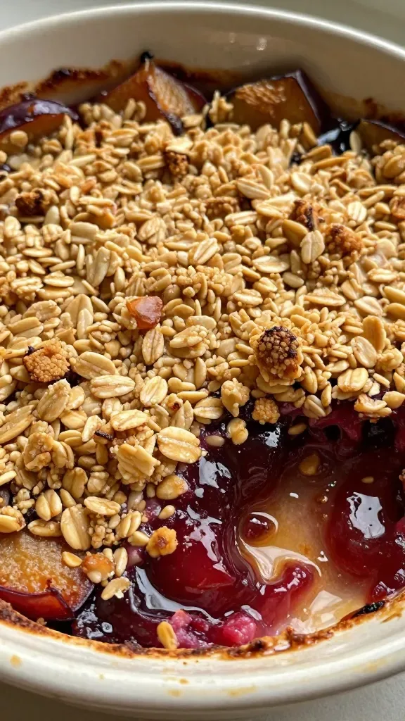 Extreme close-up of a freshly baked maple roasted plum crisp in a rustic ceramic baking dish: deeply jammy purple-red plum filling bubbling around the edges, glossy from maple syrup, topped with a deeply golden, crunchy oat crumble with visible toasted oats and buttery clumps; slight caramelization on the rim, warm late-afternoon natural light, shallow depth of field, no additional ingredients visible.