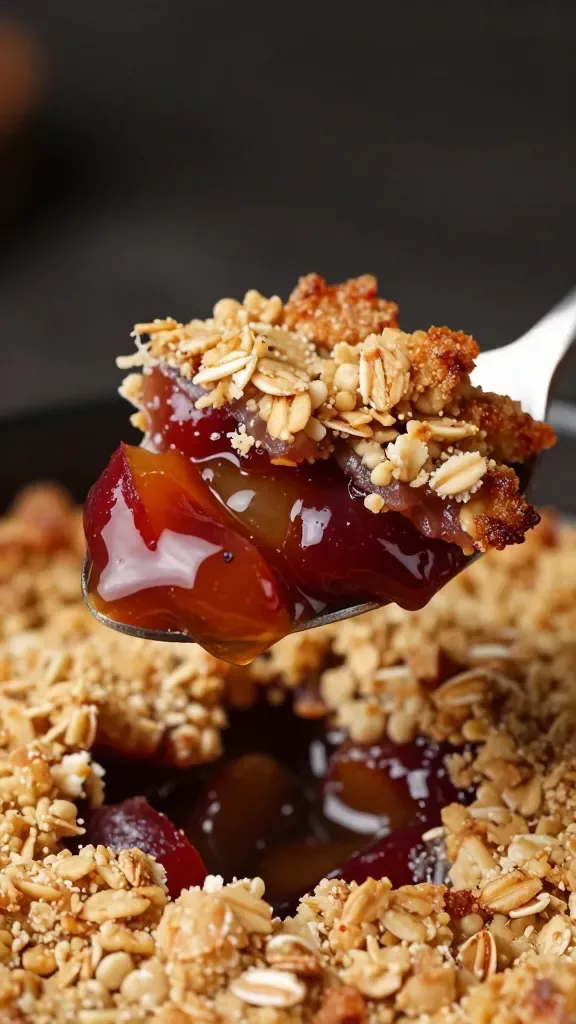 Three-quarter angle macro of a spoon breaking into a pan of maple roasted plum crisp: spoon revealing layers—sticky, ruby plum filling with maple sheen under a crisp, textured oat crumble; edges slightly caramelized and bubbling, warm moody lighting emphasizing texture and color contrast, minimal background, no ice cream, no nuts, no added fruits.