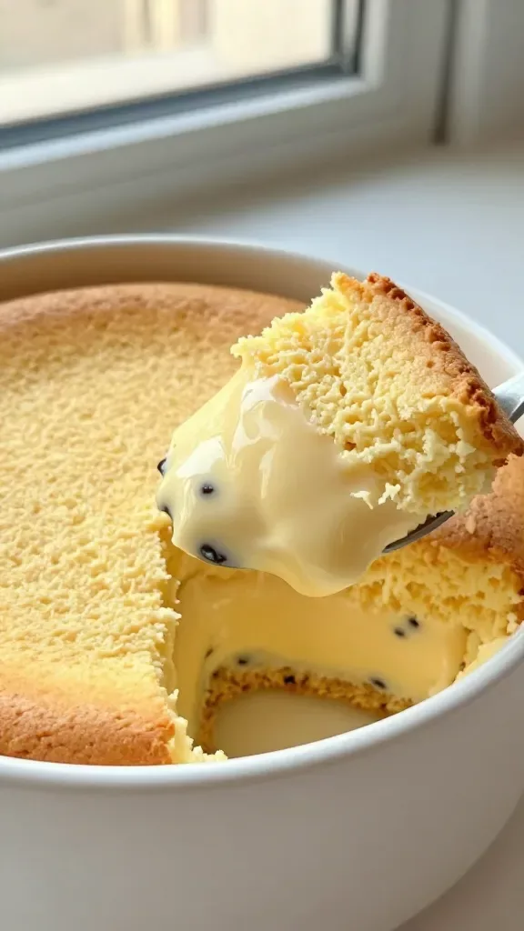 Close-up of a freshly baked vanilla bean pudding cake in a simple white ceramic baking dish, spoon scooping to reveal distinct layers: a fluffy golden sponge on top and a silky, pale custard-pudding layer underneath. Visible vanilla bean specks in both layers, warm natural window light, shallow depth of field, no garnishes or extra ingredients, neutral background, soft cozy tones.