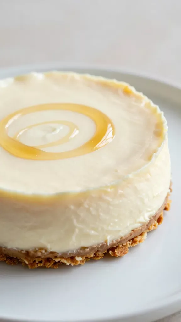 Ultra-closeup of a classic round honey yogurt cheesecake slice on a simple white plate: creamy, smooth pale ivory filling with a subtle sheen, thin even graham cracker crust with crisp edges, a delicate glossy swirl of golden honey lightly drizzled on top, soft natural daylight from the side, shallow depth of field, no toppings or berries, minimal background with neutral tones.