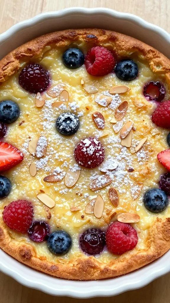 Overhead close-up of a freshly baked almond berry clafoutis in a round, buttered ceramic baking dish: golden, gently puffed edges with a silky, custardy center, studded evenly with mixed berries (blueberries, raspberries, and halved strawberries) peeking through a light, glossy surface; a faint dusting of powdered sugar, subtle almond slices scattered on top, warm natural morning light, shallow depth of field, no extra garnishes or sides.