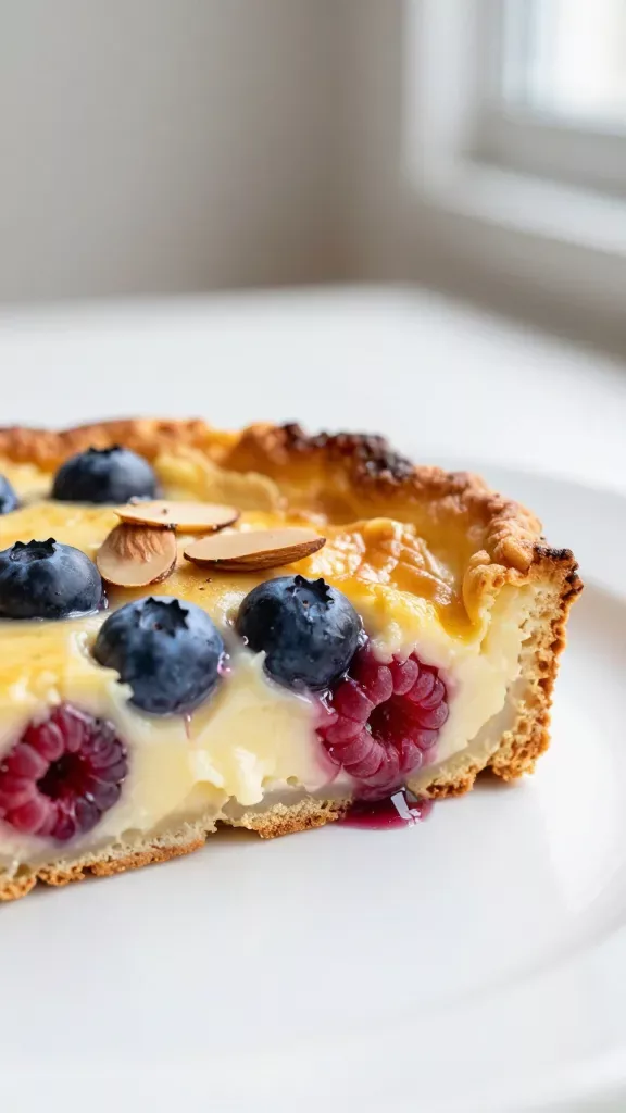 Macro slice view of almond berry clafoutis on a plain white plate: focus on the custardy interior showing tender, pancake-like crumb transitioning to a slightly puffed golden edge; embedded whole blueberries and raspberries bleeding faint juice into the creamy base, a few toasted almond slices clinging to the top; soft neutral background, minimal styling, natural window light.